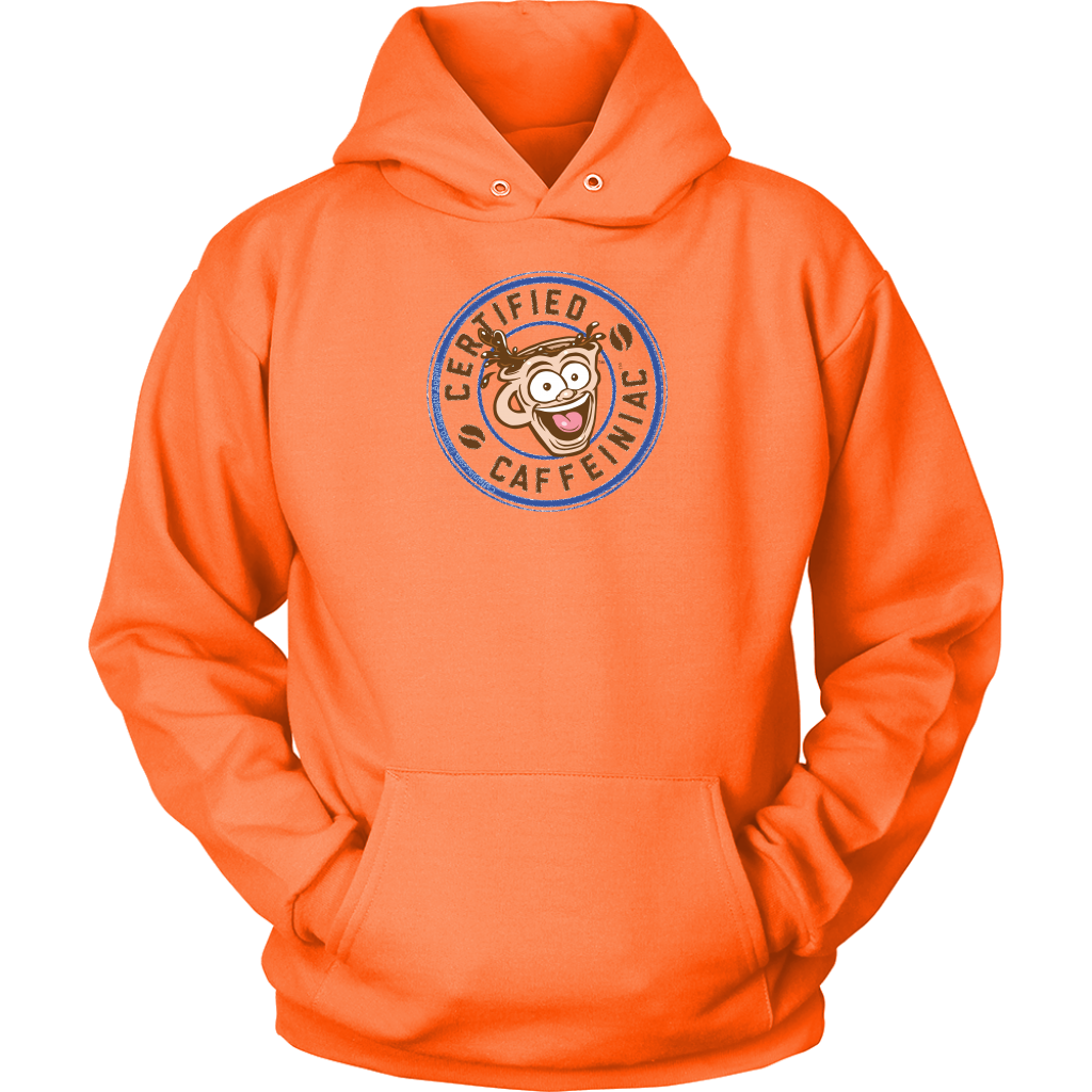 front view of a bright orange unisex hoodie featuring the certified caffeiniac design 