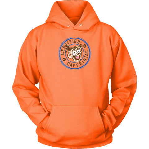 Image of front view of a bright orange unisex hoodie featuring the certified caffeiniac design 