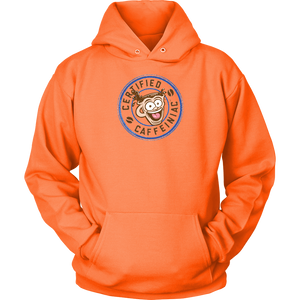front view of a bright orange unisex hoodie featuring the certified caffeiniac design 