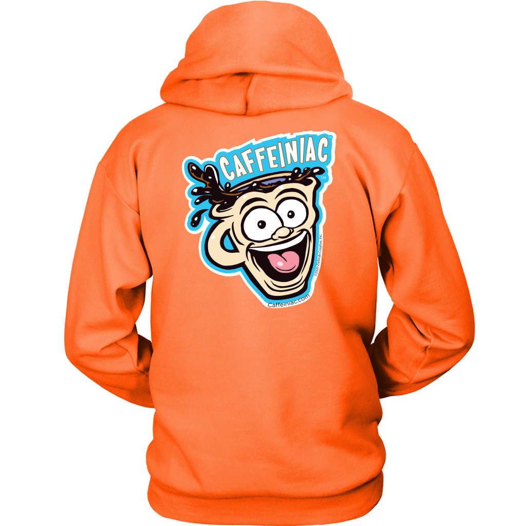 back view of a bright orange unisex Hoodie featuring the original Caffeiniac Dude design on the front left chest and full size on the back