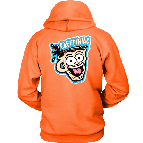 Image of back view of a bright orange unisex Hoodie featuring the original Caffeiniac Dude design on the front left chest and full size on the back