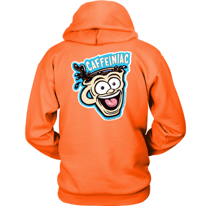back view of a bright orange unisex Hoodie featuring the original Caffeiniac Dude design on the front left chest and full size on the back