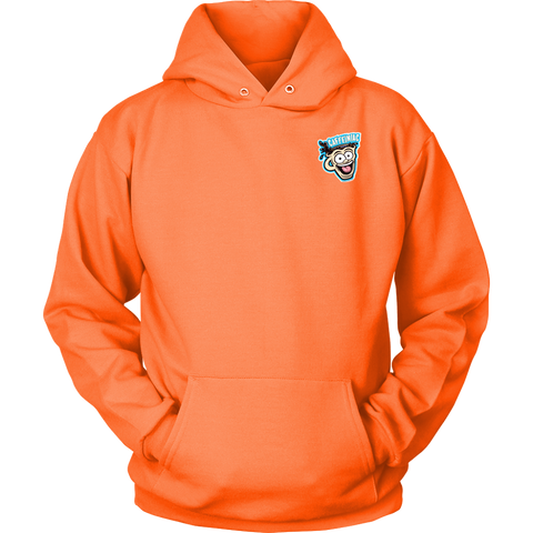 Image of Front view of a bright orange unisex Hoodie featuring the original Caffeiniac Dude design on the front left chest and full size on the back