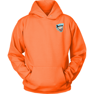Front view of a bright orange unisex Hoodie featuring the original Caffeiniac Dude design on the front left chest and full size on the back