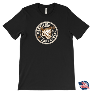 front view of a black Canvas Mens T-Shirt featuring the original Certified Caffeiniac design on the front. 