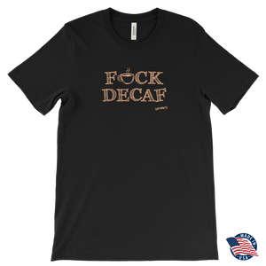 front view of a black t-shirt with the caffeiniac design F_CK DECAF