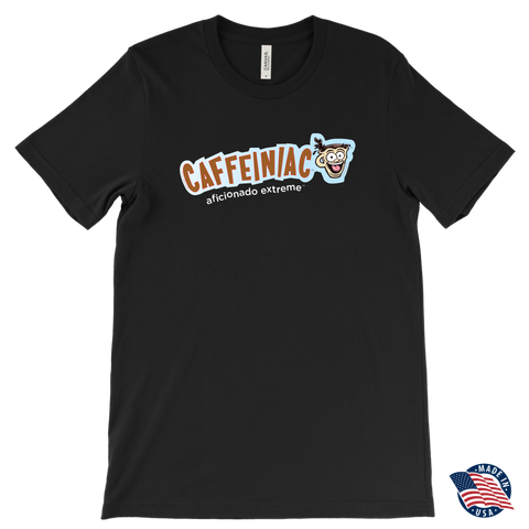 Image of front view of a dark grey t-shirt made in the USA featuring the Caffeiniac aficionado extreme design on the front
