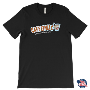 front view of a dark grey t-shirt made in the USA featuring the Caffeiniac aficionado extreme design on the front