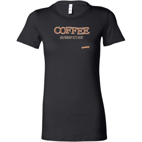 Image of front view of a womans black shirt featuring the Caffeiniac design "Coffee and nobody gets hurt" on the front 