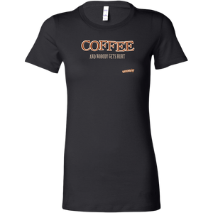 front view of a womans black shirt featuring the Caffeiniac design "Coffee and nobody gets hurt" on the front 