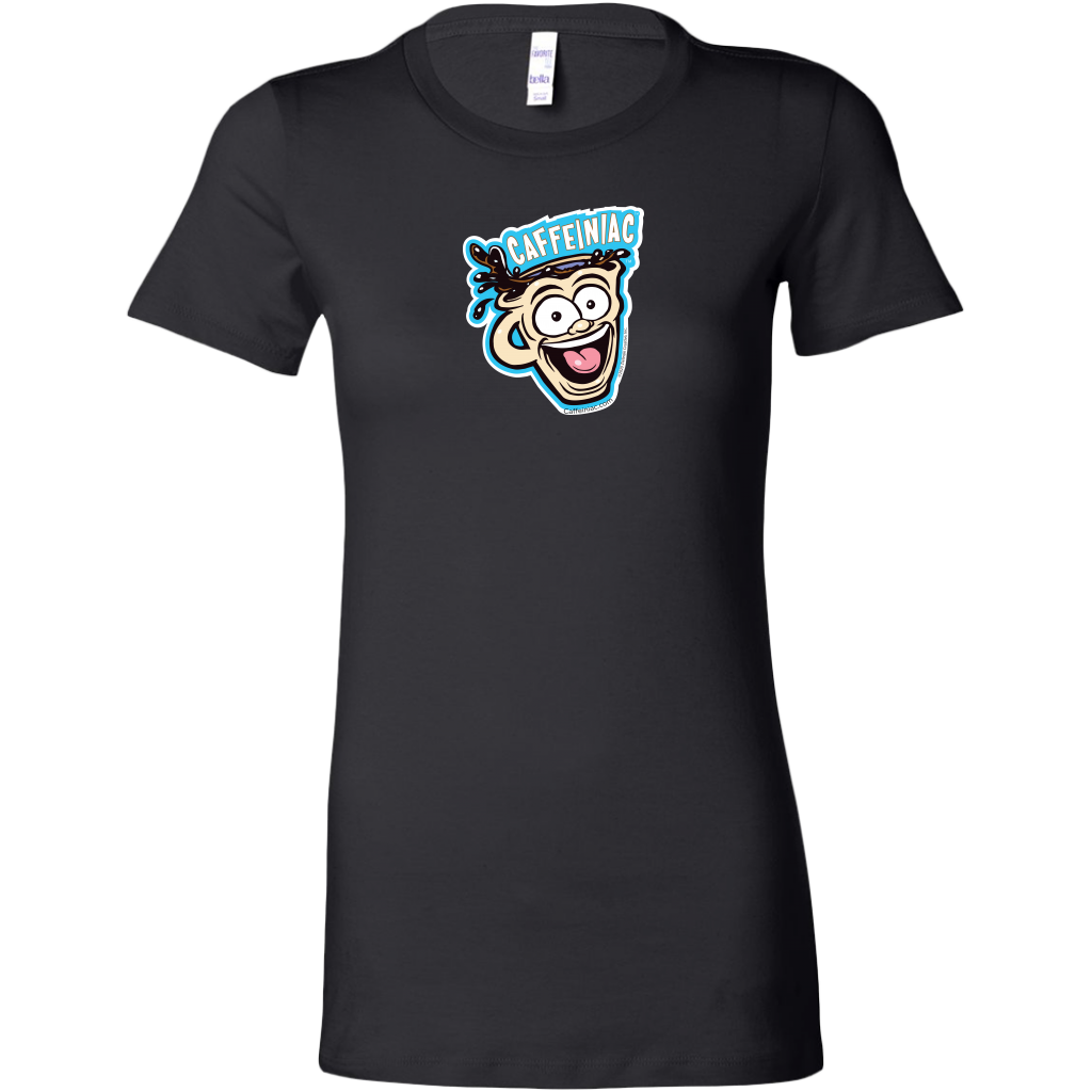 front view of a black short sleeve shirt featuring the original Caffeiniac dude cup design on the front