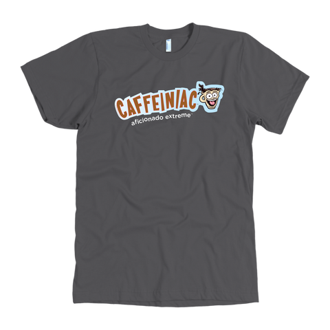 Image of front view of a grey t-shirt with the Caffeiniac aficionado extreme design