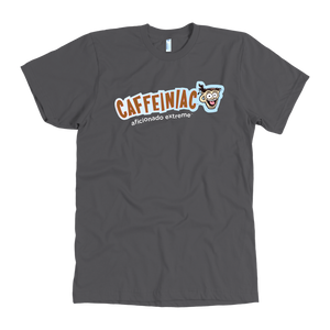 front view of a grey t-shirt with the Caffeiniac aficionado extreme design