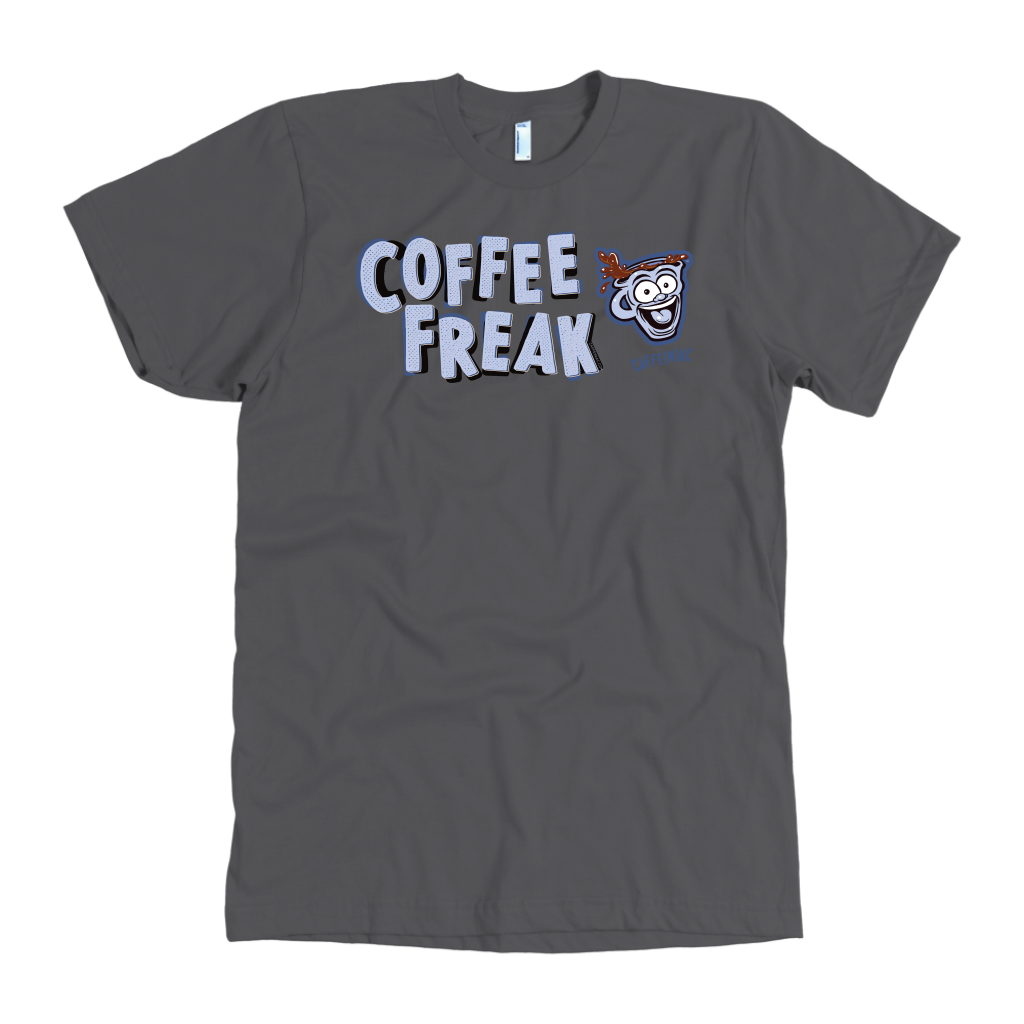 front view of a men's  grey Caffeiniac t-shirt featuring the Coffee Freak design
