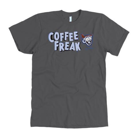 Image of front view of a men's  grey Caffeiniac t-shirt featuring the Coffee Freak design