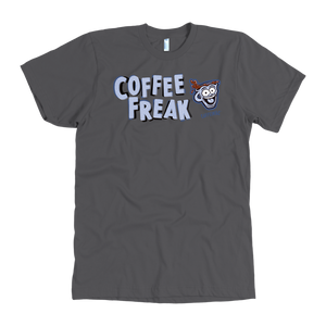 front view of a men's  grey Caffeiniac t-shirt featuring the Coffee Freak design