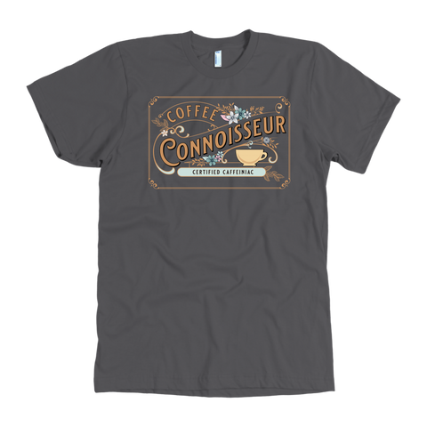 Image of the front view of a man's vintage grey t-shirt with the Coffee Connoisseur design by Caffeiniac