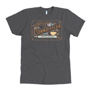 the front view of a man's vintage grey t-shirt with the Coffee Connoisseur design by Caffeiniac