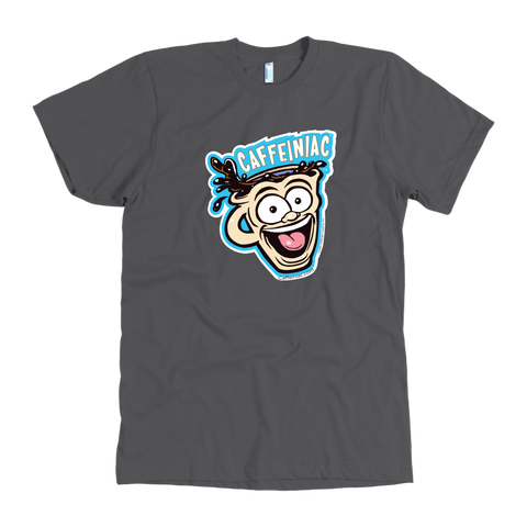 Image of front view of a dark grey mens t-shirt featuring the original Caffeiniac dude cup design