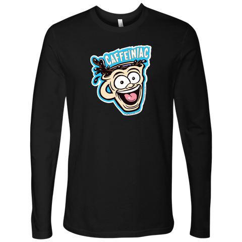 Image of front view of a black Next Level Mens Long Sleeve T-Shirt featuring the original Caffeiniac Dude cup design on the front