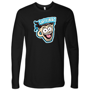 front view of a black Next Level Mens Long Sleeve T-Shirt featuring the original Caffeiniac Dude cup design on the front