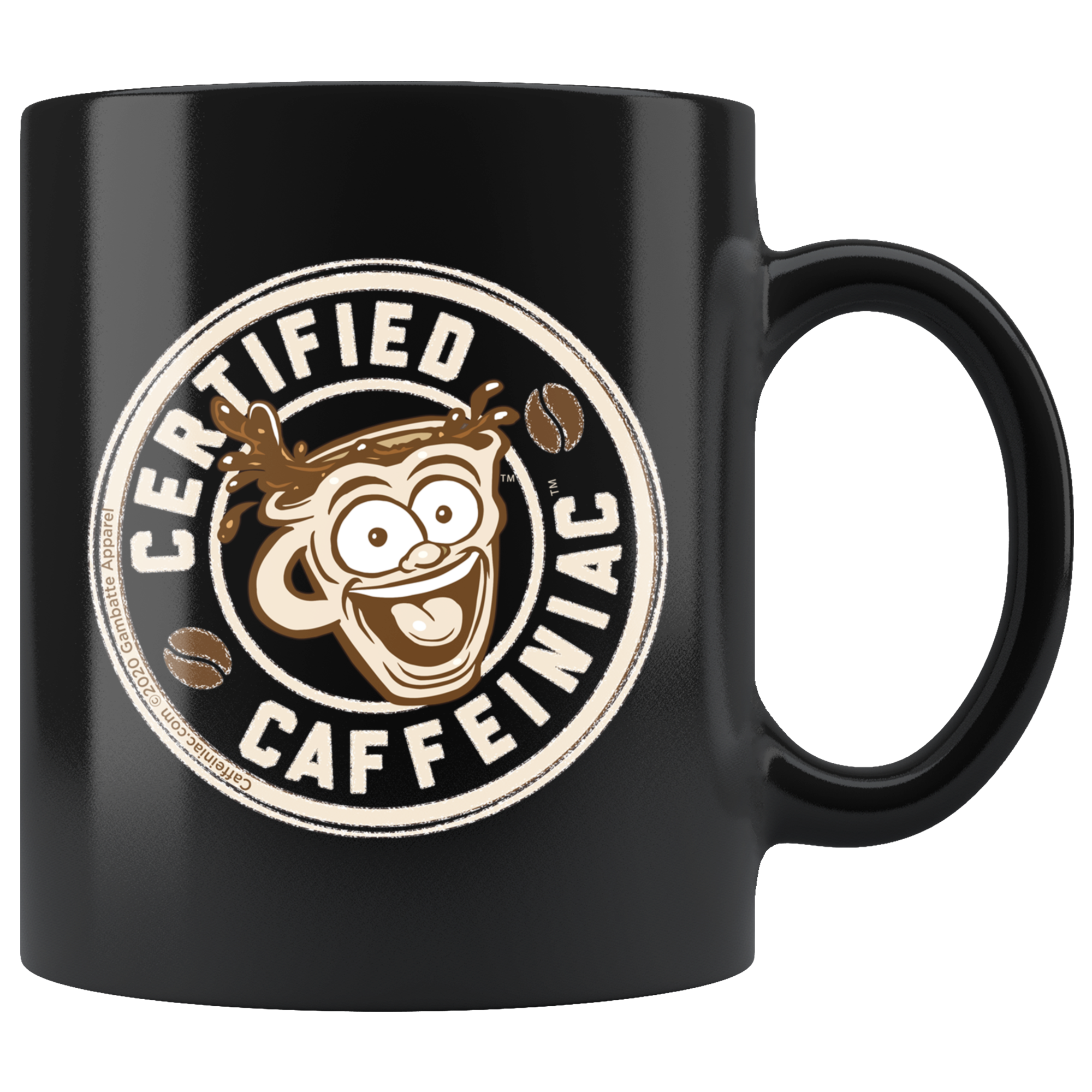 a black coffee mug featuring the Certified Caffeiniac design in tan and brown printed on the front and back