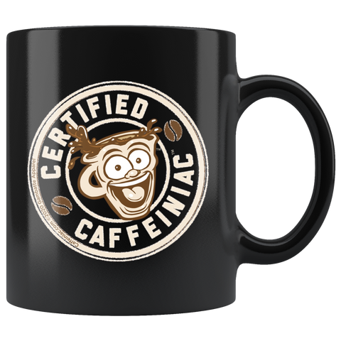 Image of a black coffee mug featuring the Certified Caffeiniac design in tan and brown printed on the front and back