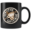 a black coffee mug featuring the Certified Caffeiniac design in tan and brown printed on the front and back