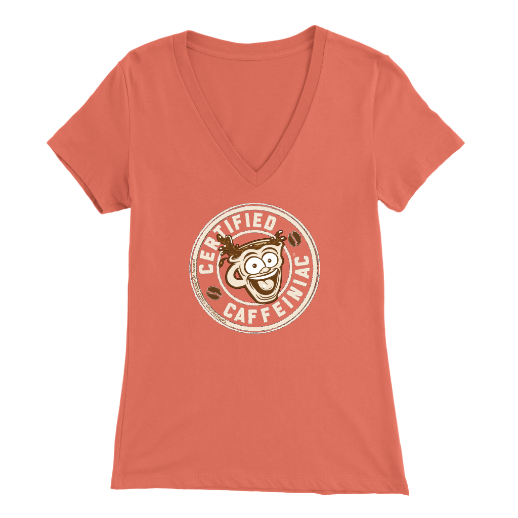 front view of a peach v-neck shirt featuring the Certified Caffeiniac design on the front