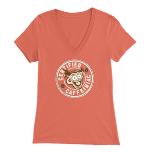 front view of a peach v-neck shirt featuring the Certified Caffeiniac design on the front