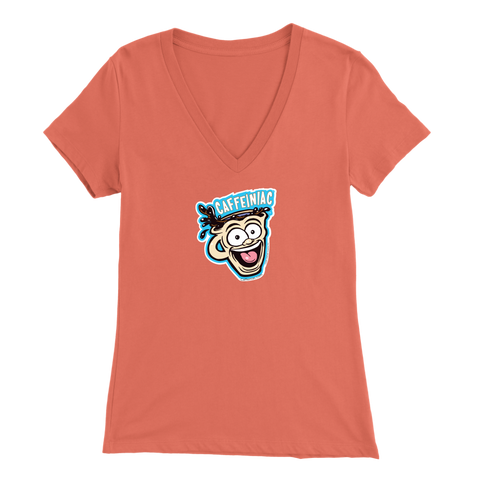 Image of Front view of a coral colored womens v-neck light blue shirt featuring the original Caffeiniac Dude cup design on the front