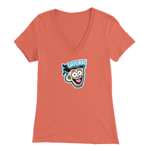 Front view of a coral colored womens v-neck light blue shirt featuring the original Caffeiniac Dude cup design on the front