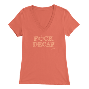 front view of a women's peach v-neck shirt featuring the Caffeiniac design F_CK DECAF