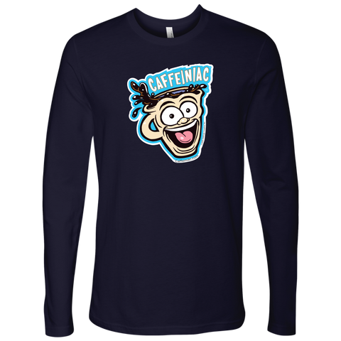 Image of front view of a dark purple Next Level Mens Long Sleeve T-Shirt featuring the original Caffeiniac Dude cup design on the front