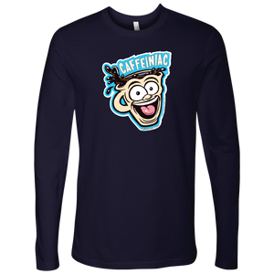 front view of a dark purple Next Level Mens Long Sleeve T-Shirt featuring the original Caffeiniac Dude cup design on the front