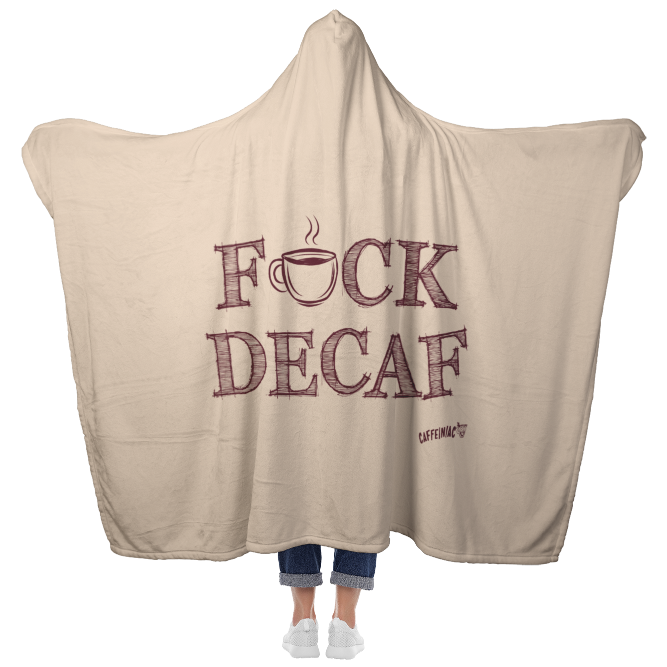 woman standing holding her arms out to show the fullback view of a luxurious hooded blanket featuring the Caffeiniac design F_CK DECAF