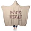 woman standing holding her arms out to show the fullback view of a luxurious hooded blanket featuring the Caffeiniac design F_CK DECAF