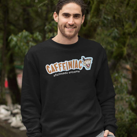 Image of a man wearing a black Crewneck Sweatshirt featuring the Caffeiniac Aficionado Extreme design on the front