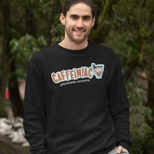 a man wearing a black Crewneck Sweatshirt featuring the Caffeiniac Aficionado Extreme design on the front