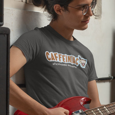 Image of A man playing guitar wearing a grey t-shirt with the Caffeiniac aficionado extreme design on the front