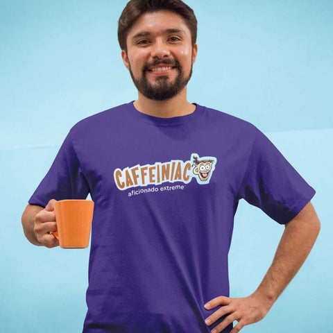 Image of smiling young Hispanic man holding a coffee cup and wearing a purple t-shirt with the original Caffeiniac aficionado extreme design on the front
