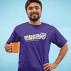 smiling young Hispanic man holding a coffee cup and wearing a purple t-shirt with the original Caffeiniac aficionado extreme design on the front