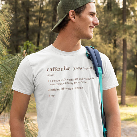 Image of man in the woods wearing a caffeiniac defined tshirt