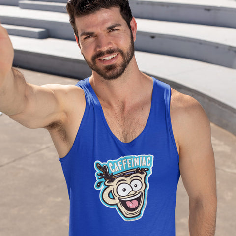 Image of man taking selfie wearing a tank top featuring the original Caffeiniac dude cup design on the front