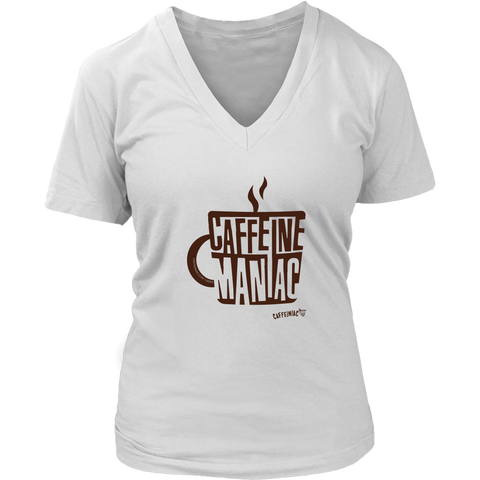 Image of a white v-neck featuring the original coffee lover's design "Caffeine Maniac" by Caffeiniac on the front.