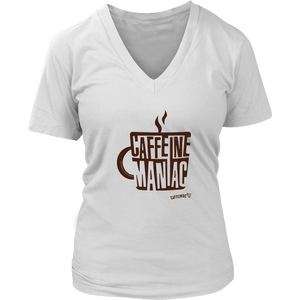 a white v-neck featuring the original coffee lover's design "Caffeine Maniac" by Caffeiniac on the front.