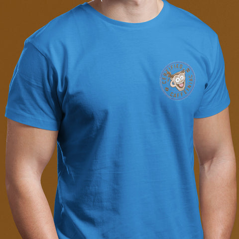 Image of a man wearing a blue tee with the Certified Caffeiniac design on the front left chest
