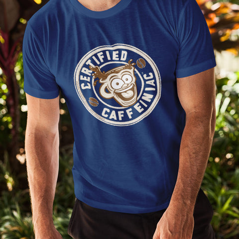 Image of Front view of a men’s navy blue shirt featuring the Certified Caffeiniac design in tan ink on the front
