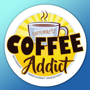 Caffeiniac Coffee Addict deca on blue background