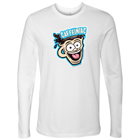 Image of front view of a white Next Level Mens Long Sleeve T-Shirt featuring the original Caffeiniac Dude cup design on the front